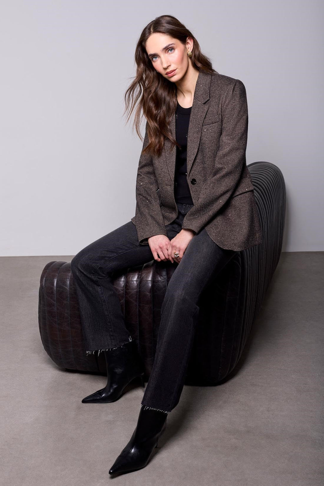Tribal BLUE THREAD Herringbone Notched Lapel Tweed Blazer - Saddle Brown | Tribal Women&