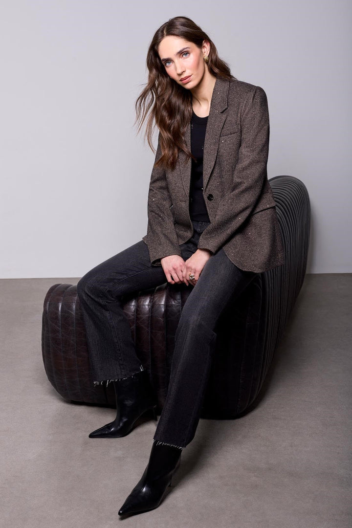 Tribal BLUE THREAD Herringbone Notched Lapel Tweed Blazer - Saddle Brown | Tribal Women&
