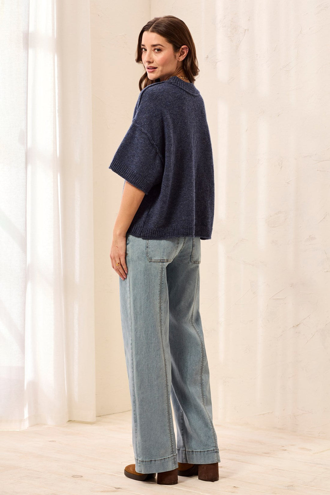 Tribal Lightweight Drop Shoulder Crew Neck Elbow Sleeve Sweater - H Nightfall | Tribal Women&