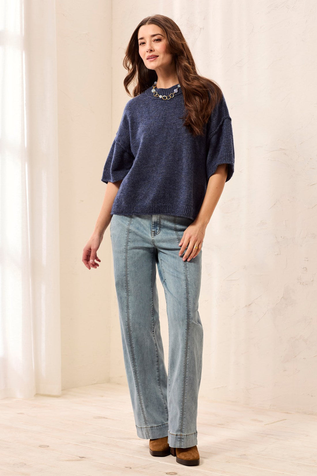 Tribal Lightweight Drop Shoulder Crew Neck Elbow Sleeve Sweater - H Nightfall | Tribal Women&