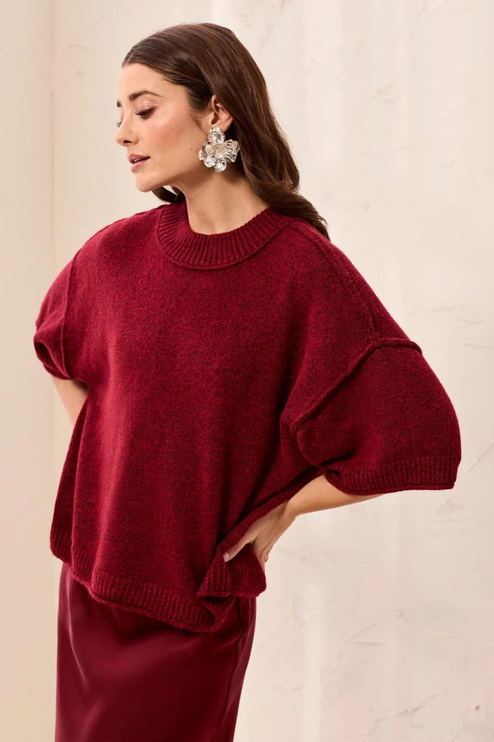 Tribal Lightweight Drop Shoulder Crew Neck Elbow Sleeve Sweater - Pinot