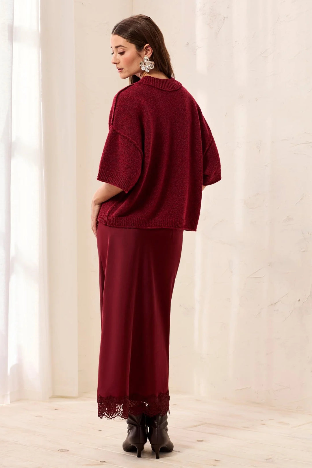 Tribal Lightweight Drop Shoulder Crew Neck Elbow Sleeve Sweater - Pinot
