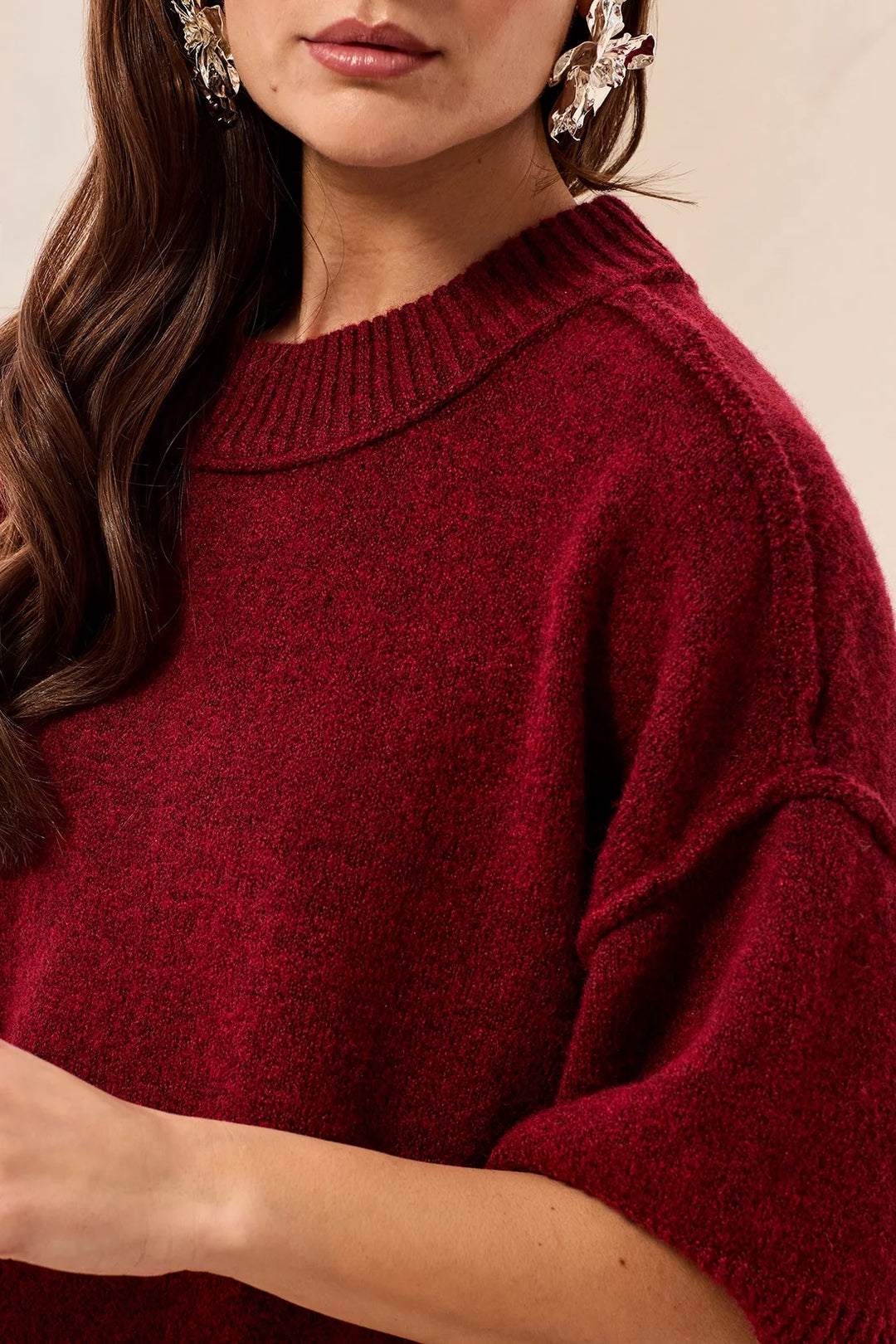 Tribal Lightweight Drop Shoulder Crew Neck Elbow Sleeve Sweater - Pinot