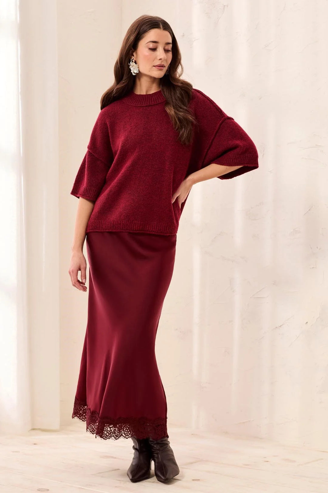 Tribal Lightweight Drop Shoulder Crew Neck Elbow Sleeve Sweater - Pinot