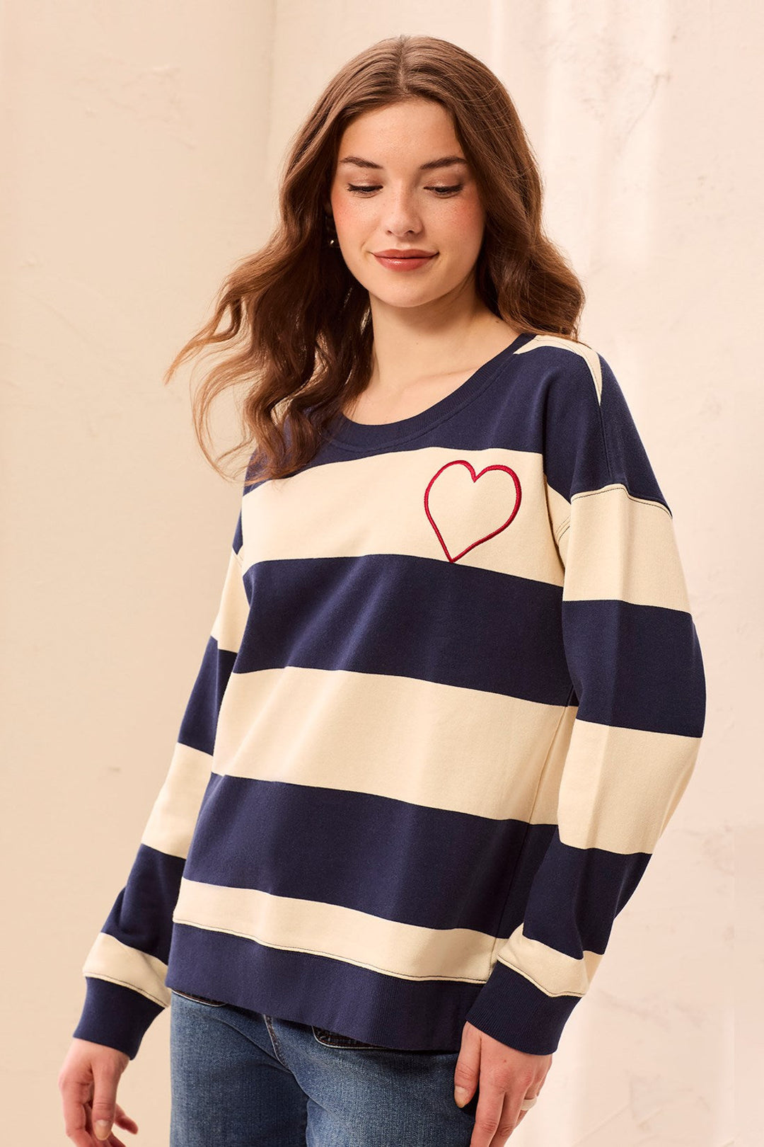 Tribal Embroidered Heart Drop Shoulder Knit Top - Jet Blue | Tribal Women&