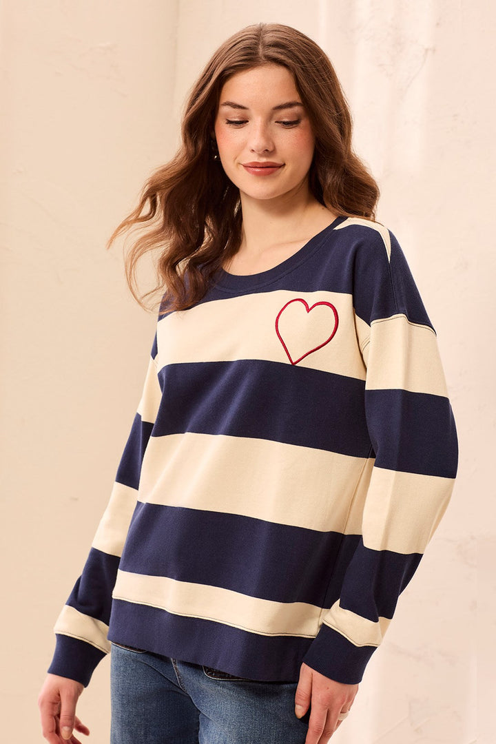 Tribal Embroidered Heart Drop Shoulder Knit Top - Jet Blue | Tribal Women&