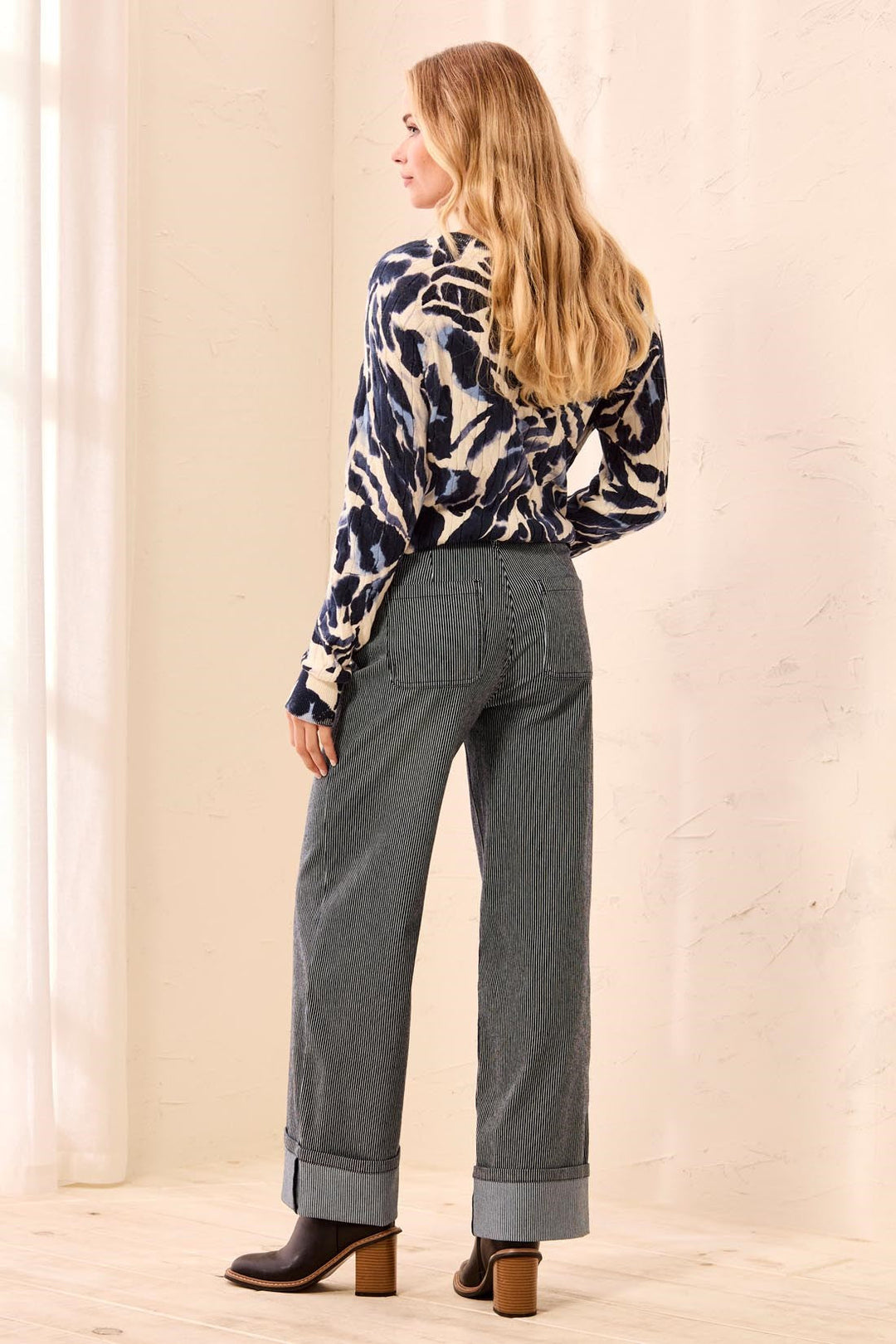 Tribal Lightweight Striped Wide Leg Cuffed Ankle Pants - Sapphire | Tribal Women&