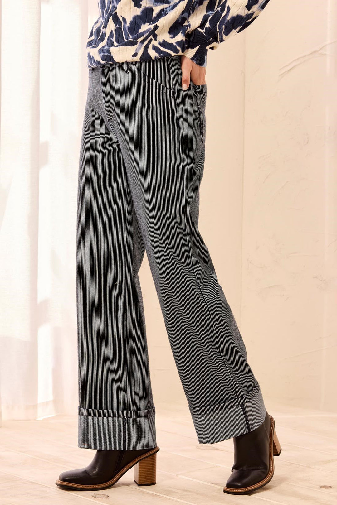 Tribal Lightweight Striped Wide Leg Cuffed Ankle Pants - Sapphire | Tribal Women&