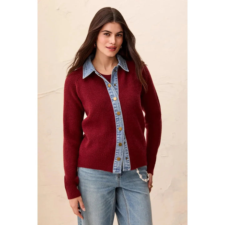 Tribal Mixed Media Sweater Jacket with Denim Detail - Cherry Lacquer