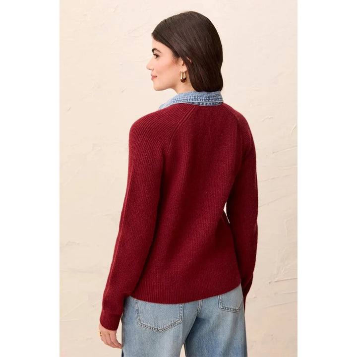 Tribal Mixed Media Sweater Jacket with Denim Detail - Cherry Lacquer