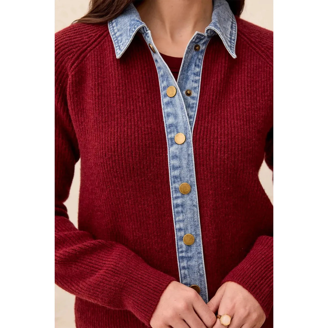 Tribal Mixed Media Sweater Jacket with Denim Detail - Cherry Lacquer
