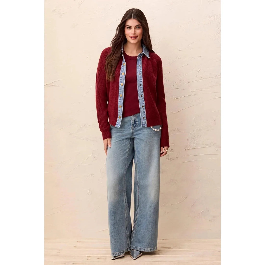 Tribal Mixed Media Sweater Jacket with Denim Detail - Cherry Lacquer