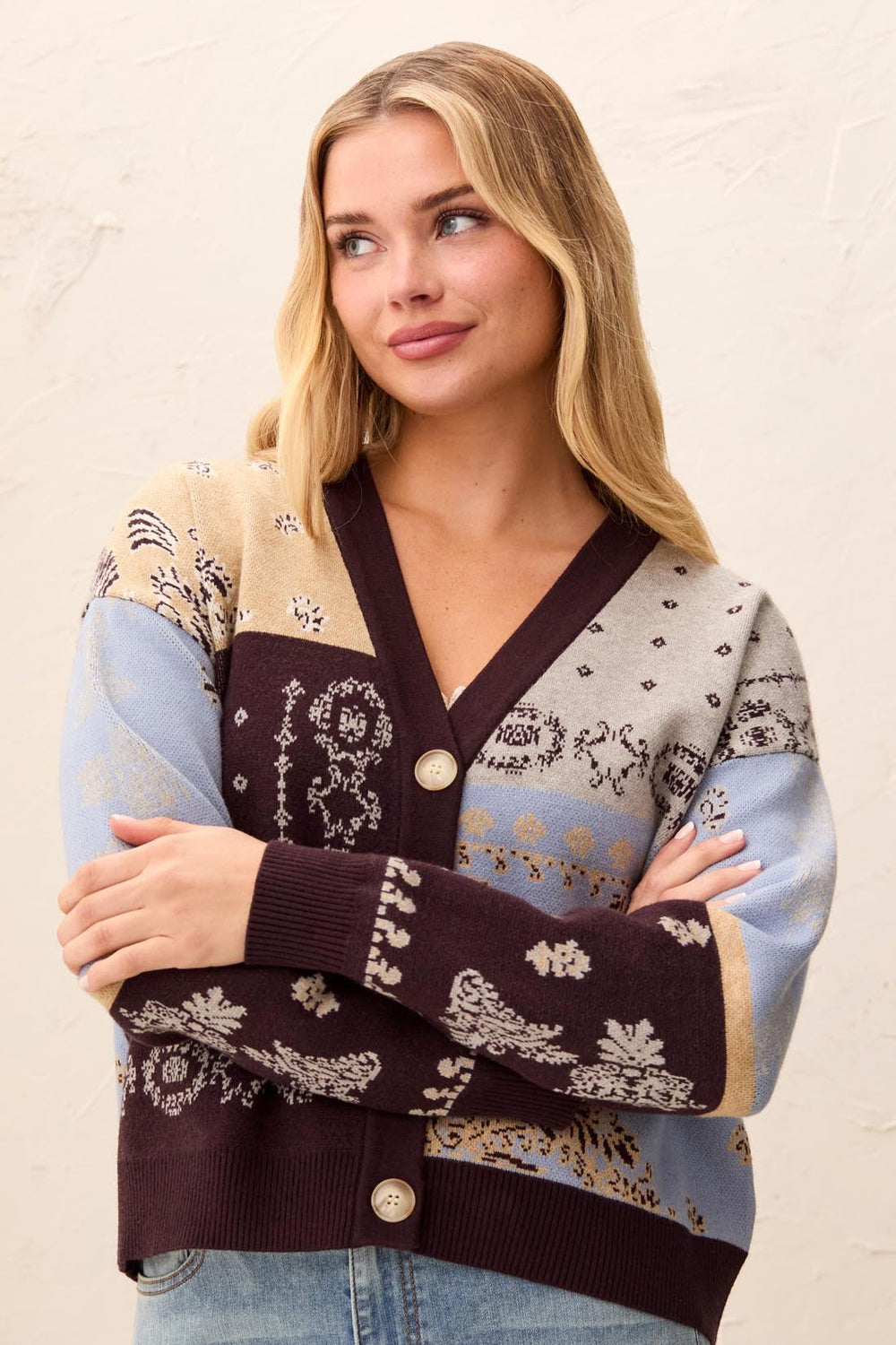 Tribal Novelty Jacquard V-Neck Sweater Cardigan - Satin Sky | Tribal Women's Fashion