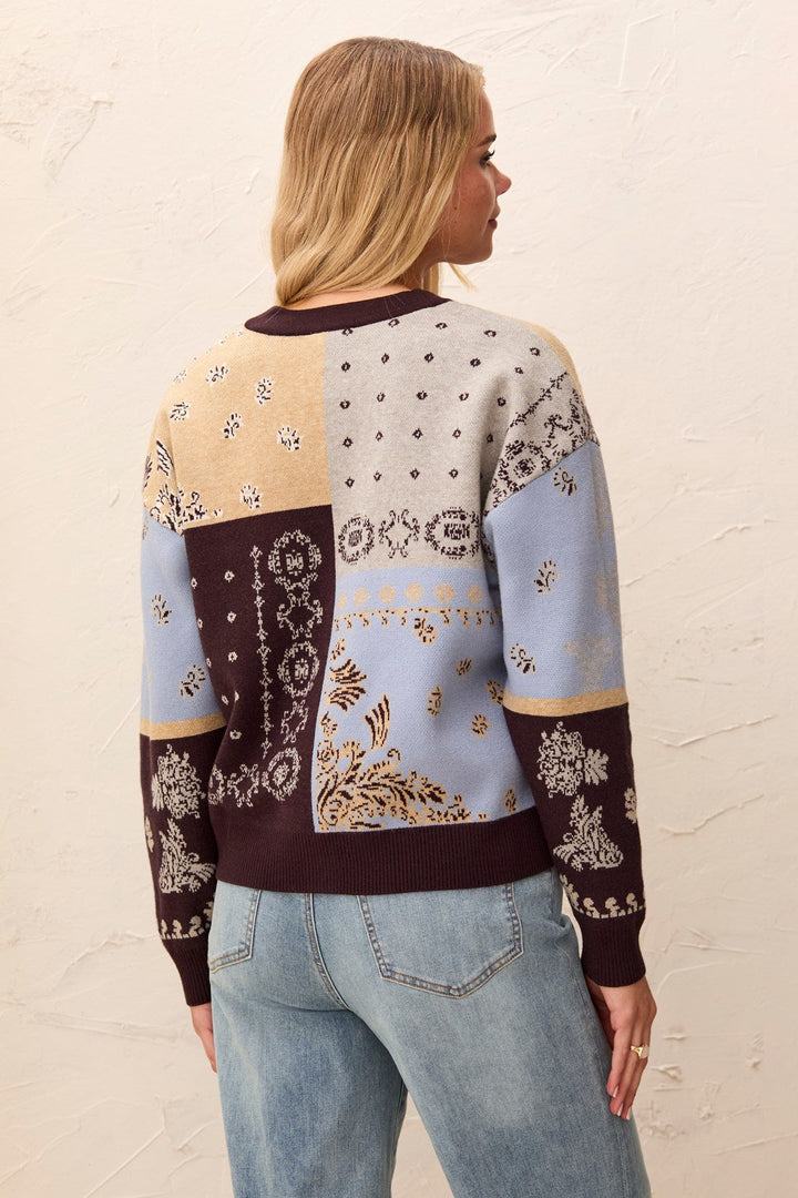 Tribal Novelty Jacquard V-Neck Sweater Cardigan - Satin Sky | Tribal Women&
