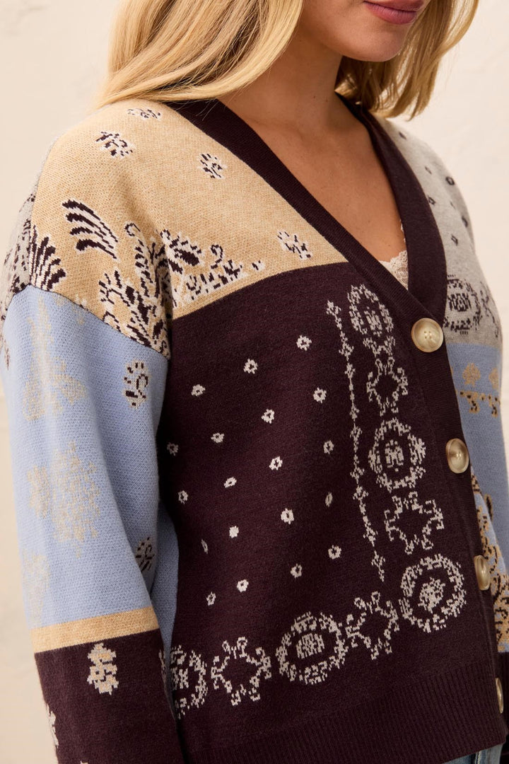 Tribal Novelty Jacquard V-Neck Sweater Cardigan - Satin Sky | Tribal Women&