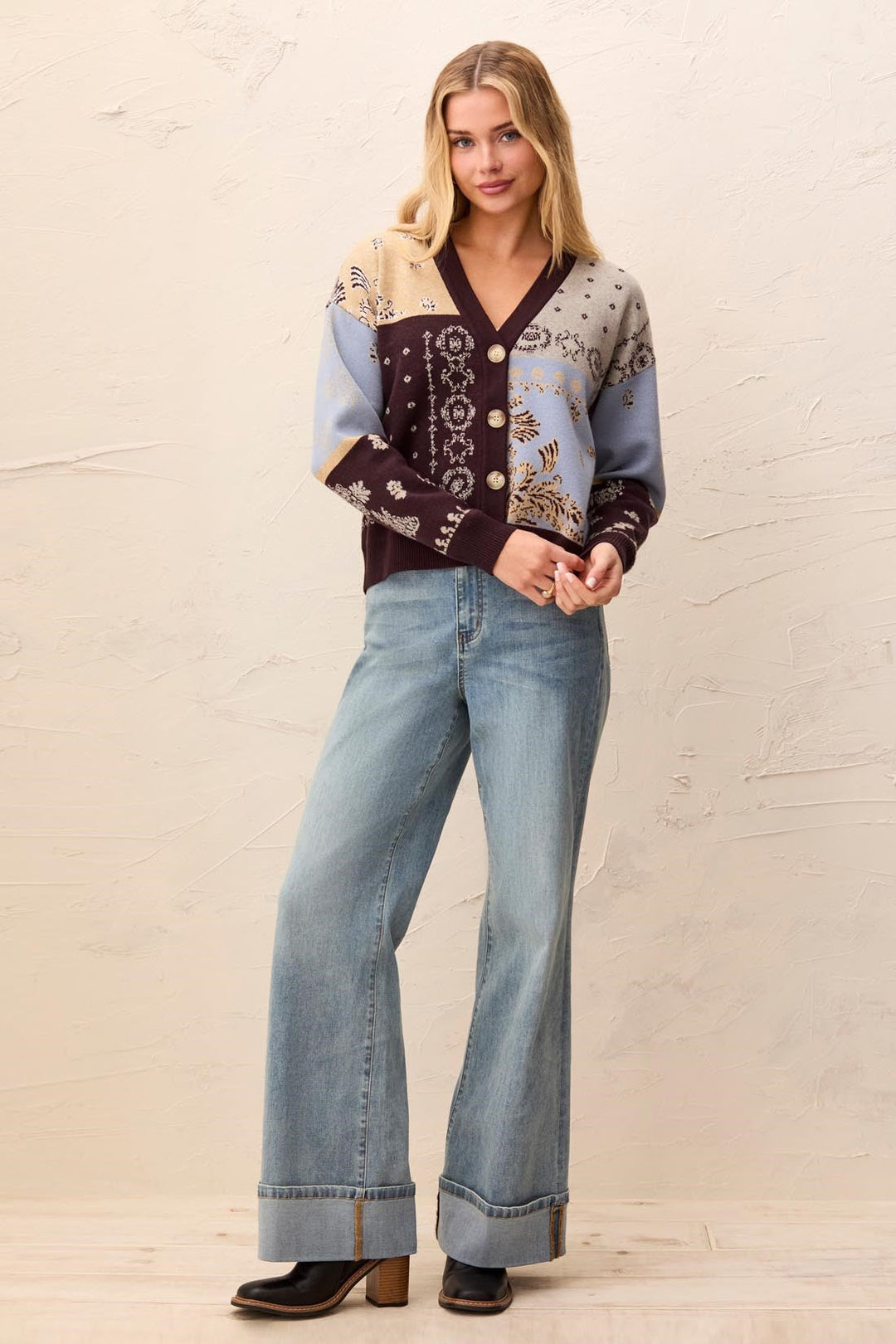 Tribal Novelty Jacquard V-Neck Sweater Cardigan - Satin Sky | Tribal Women&