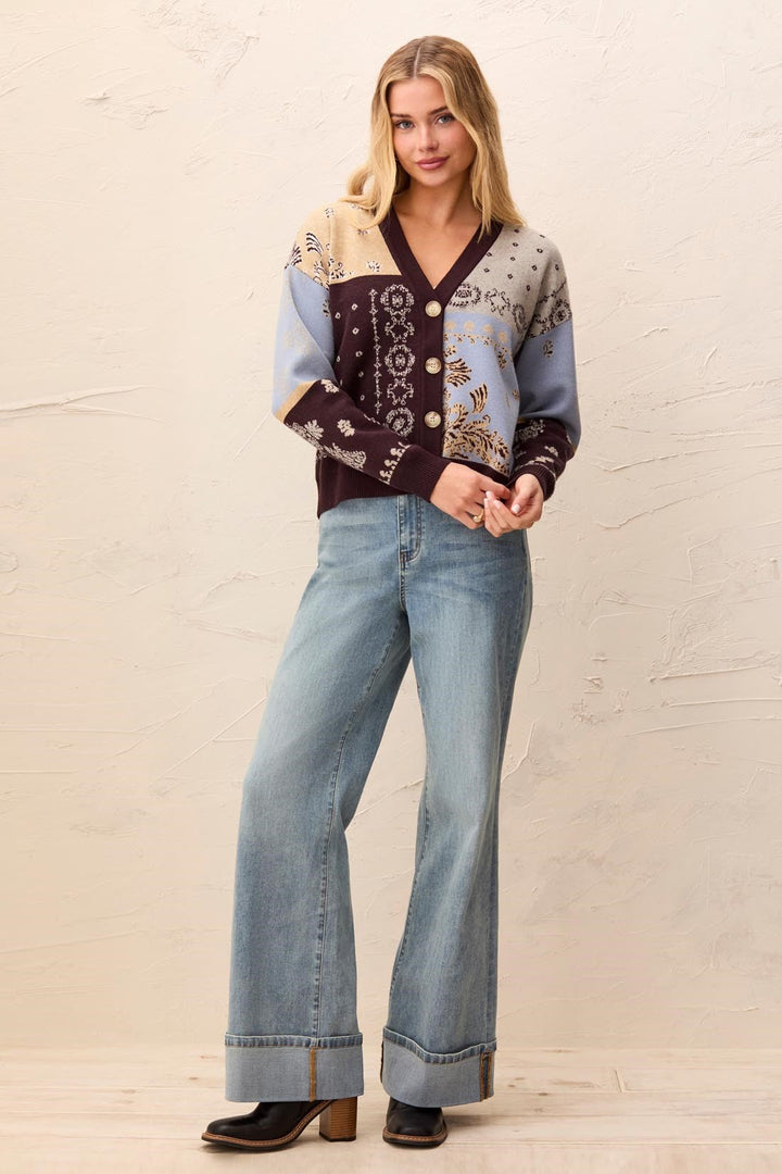 Tribal Novelty Jacquard V-Neck Sweater Cardigan - Satin Sky | Tribal Women&
