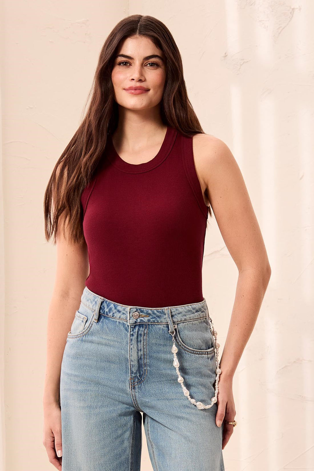 Tribal BLUE THREAD Cotton Baby Rib Racer Back Tank - Cherry Lacquer | Tribal Women&