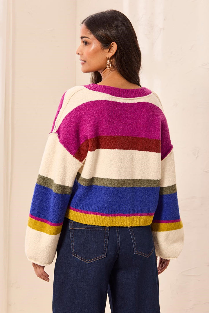 Tribal Soft Knit Drop Shoulder V-Neck Cardigan - Cream Multi | Tribal Women&