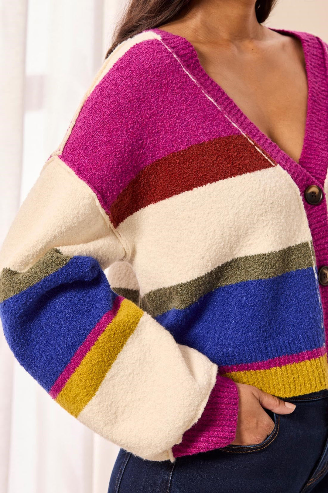 Tribal Soft Knit Drop Shoulder V-Neck Cardigan - Cream Multi | Tribal Women&