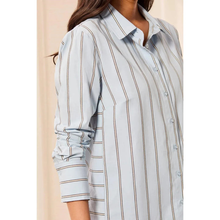 Close-up of the yarn-dyed stripes and wide cuff detailing on the Tribal button-down shirt.
