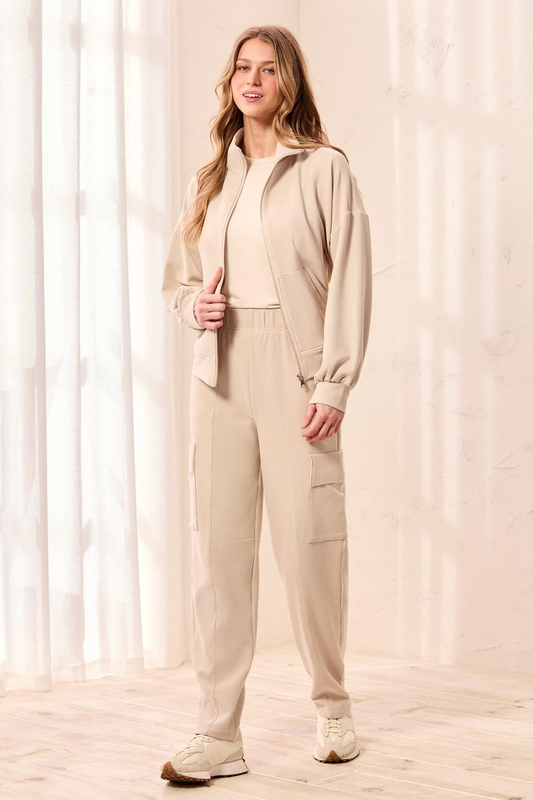 Tribal Waffle Knit Elastic Waist Cargo Joggers - Sand Dune | Tribal Women&