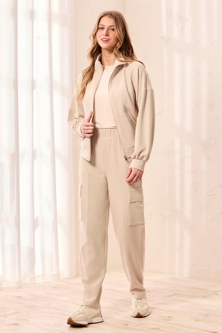 Tribal Waffle Knit Elastic Waist Cargo Joggers - Sand Dune | Tribal Women&