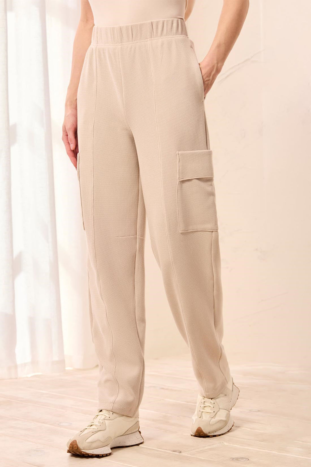Tribal Waffle Knit Elastic Waist Cargo Joggers - Sand Dune | Tribal Women&