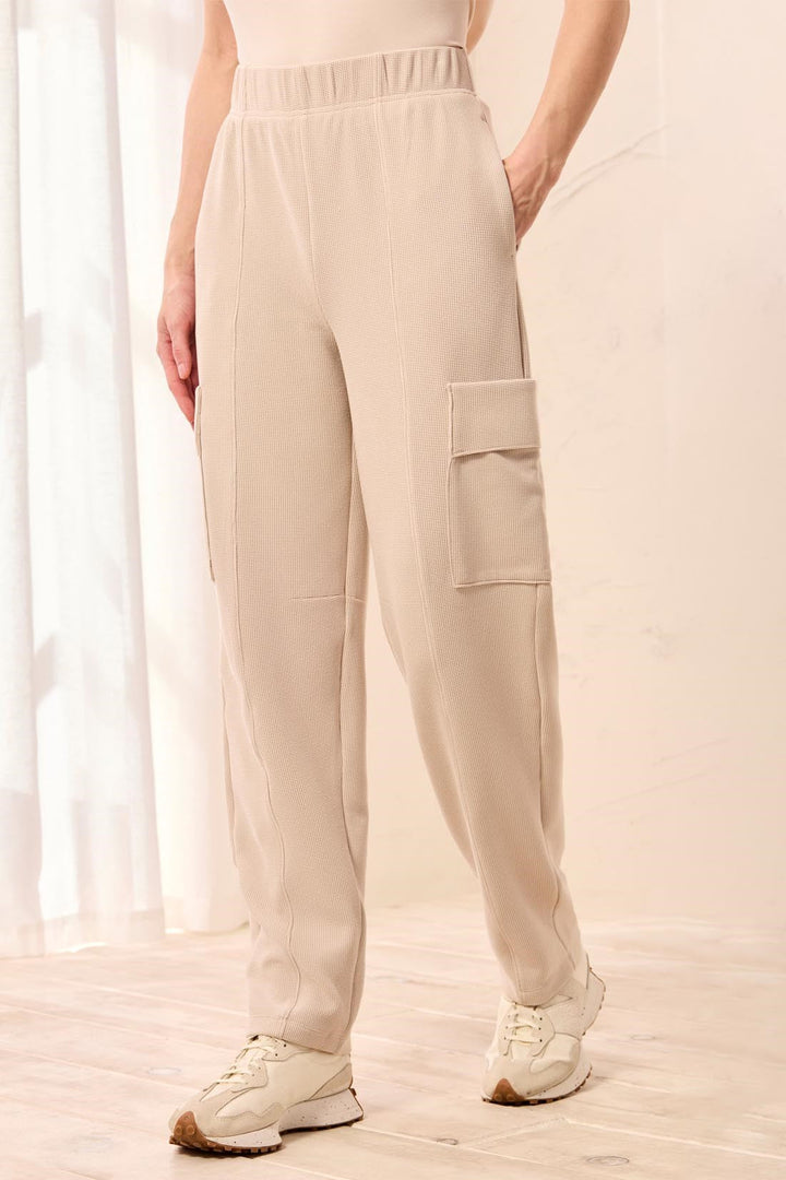 Tribal Waffle Knit Elastic Waist Cargo Joggers - Sand Dune | Tribal Women&