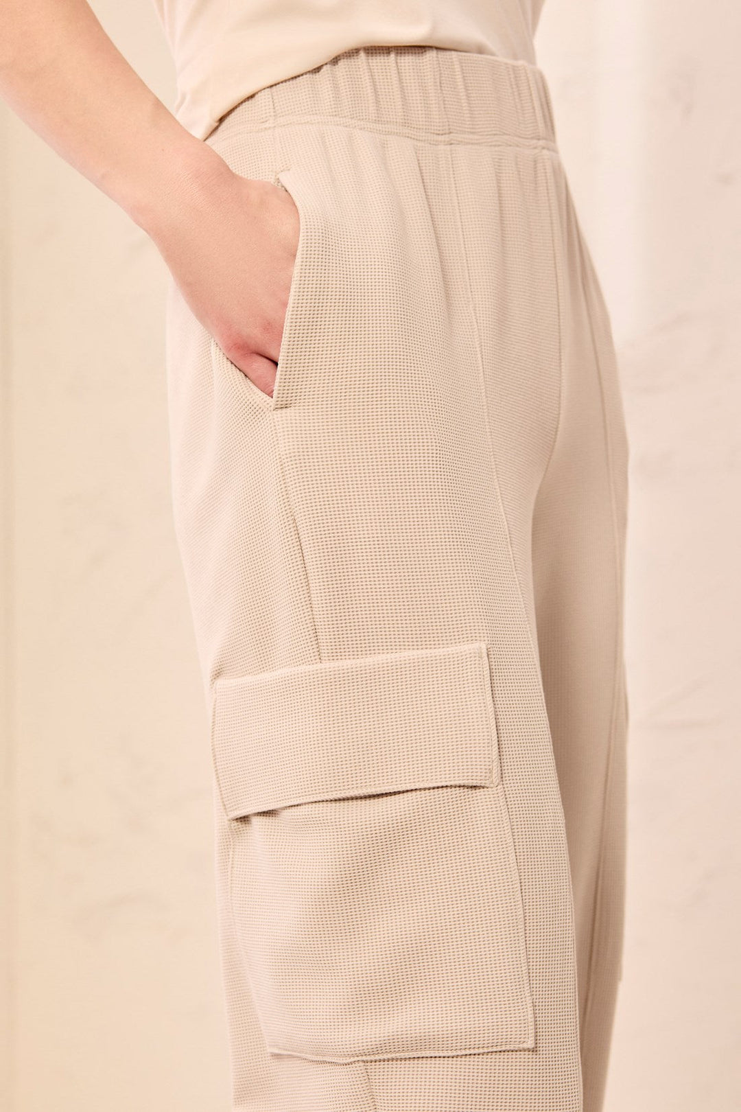 Tribal Waffle Knit Elastic Waist Cargo Joggers - Sand Dune | Tribal Women&