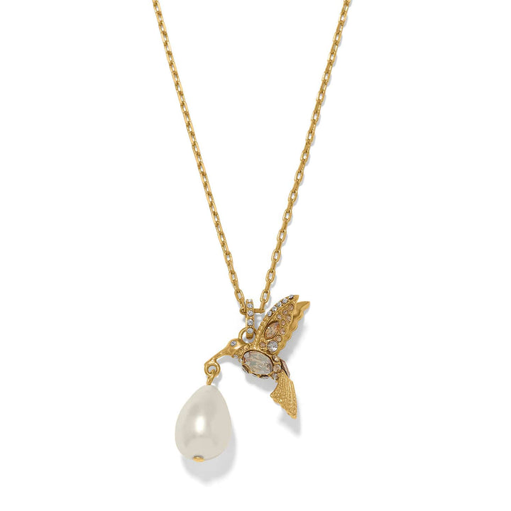 Brighton Trust Your Journey Petite Pearl Hummingbird Necklace - gold plated fine quality crystals necklace, front view