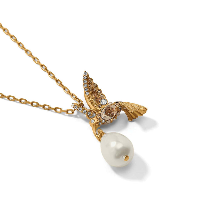 Brighton Trust Your Journey Petite Pearl Hummingbird Necklace - gold plated fine quality crystals necklace, side view