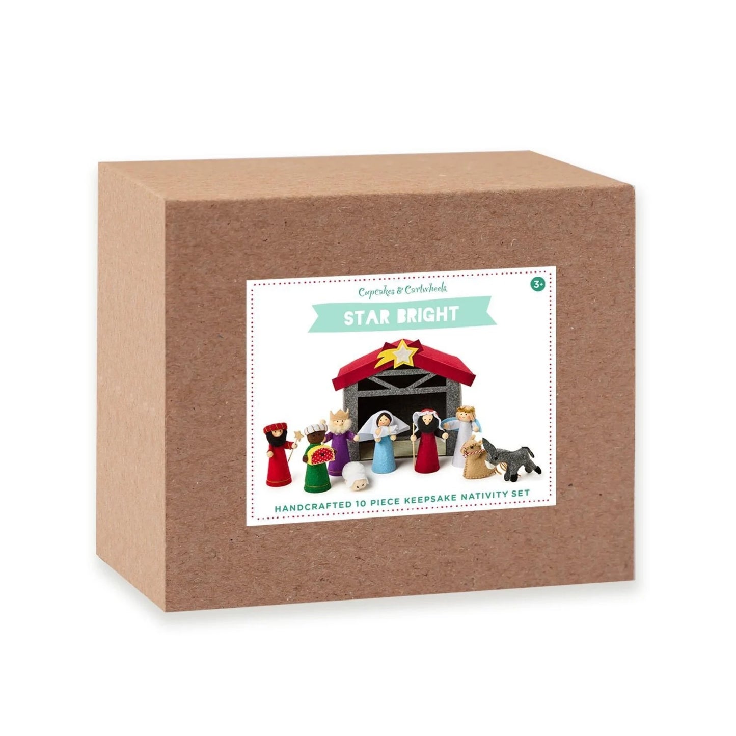 Star Bright 10 Pc Hand-crafted Nativity Keepsake Set in Gift Box Includes: Mary with Baby Jesus, Joseph, Angel, 3 Kings, Donkey, Sheep, Camel, Stable - Felt/Schima Superba Wood/Cardboard