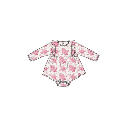 Vintage Pink Roses - Ruffle Long Sleeve Bodysuit Dress