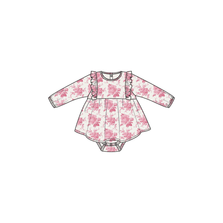 Vintage Pink Roses - Ruffle Long Sleeve Bodysuit Dress