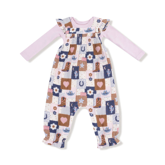 Patchwork Cowgirl - Smocked Overall and Ribbed Bodysuit Set