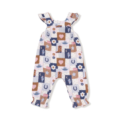 Patchwork Cowgirl - Smocked Overall and Ribbed Bodysuit Set