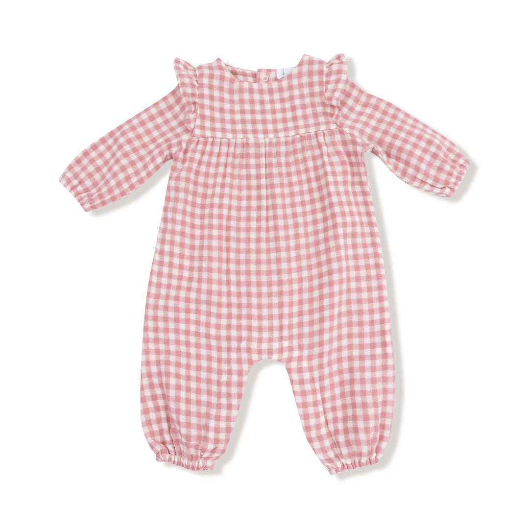 Rose Pink Plaid - Ruffle Sleeve Romper