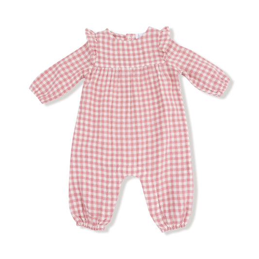 Rose Pink Plaid - Ruffle Sleeve Romper
