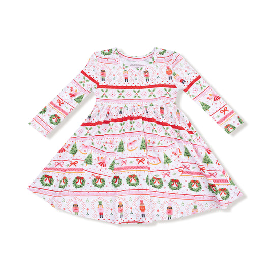 Sugar Plum Fairy - Nutcracker Fair Isle Pink Twirly Long Sleeve Dress