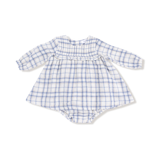 Blue Plaid - Long Sleeve Smocked Ruffle Bubble W/ Skirt