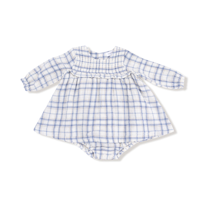 Blue Plaid - Long Sleeve Smocked Ruffle Bubble W/ Skirt