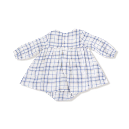 Blue Plaid - Long Sleeve Smocked Ruffle Bubble W/ Skirt