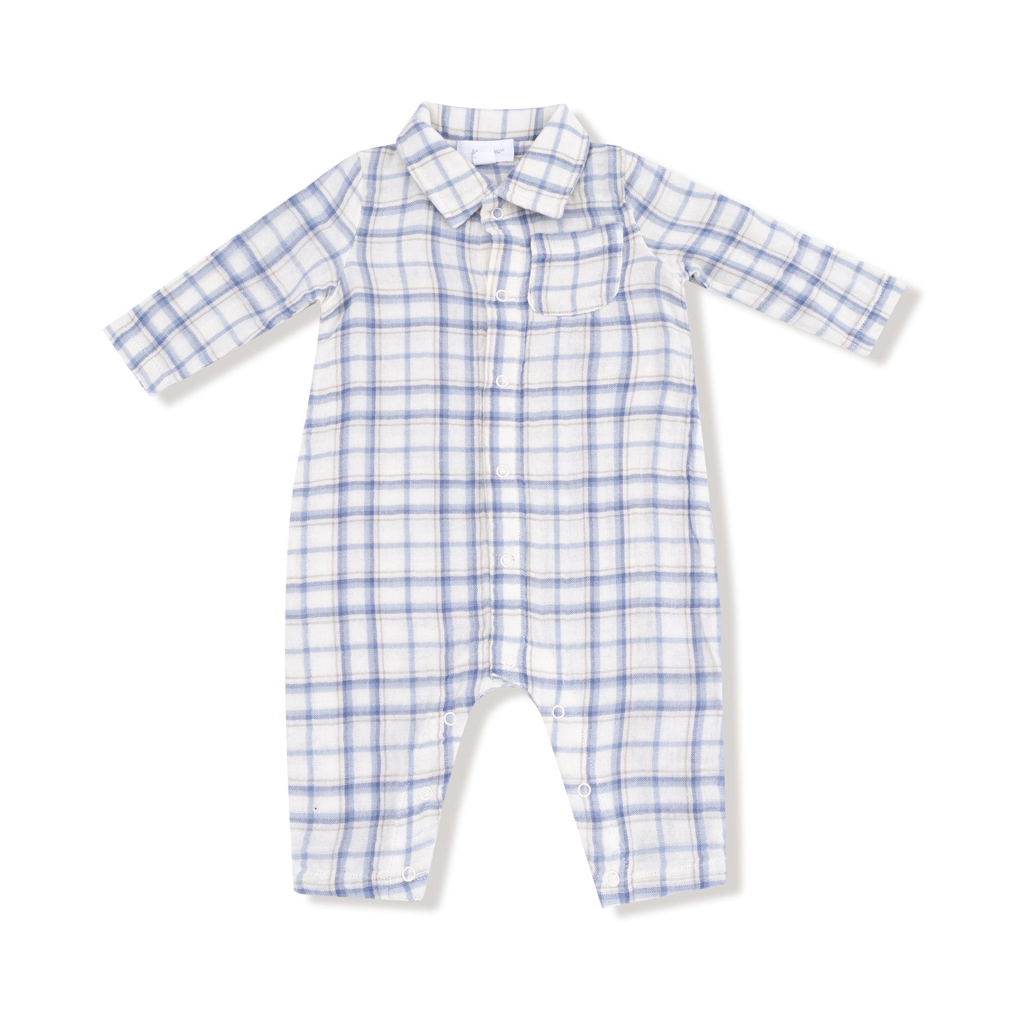 Long Sleeve Polo Romper with Full Placket - Blue Plaid