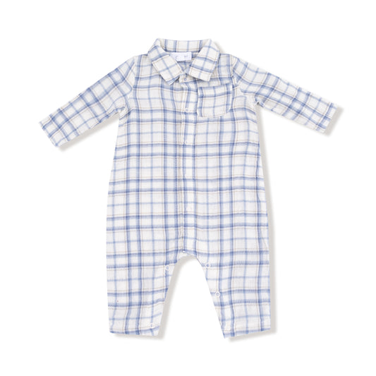 Long Sleeve Polo Romper with Full Placket - Blue Plaid