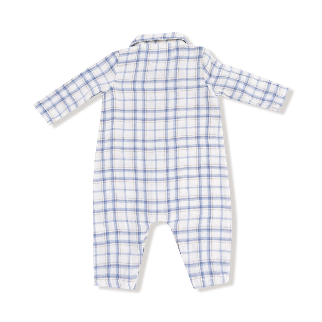 Long Sleeve Polo Romper with Full Placket - Blue Plaid