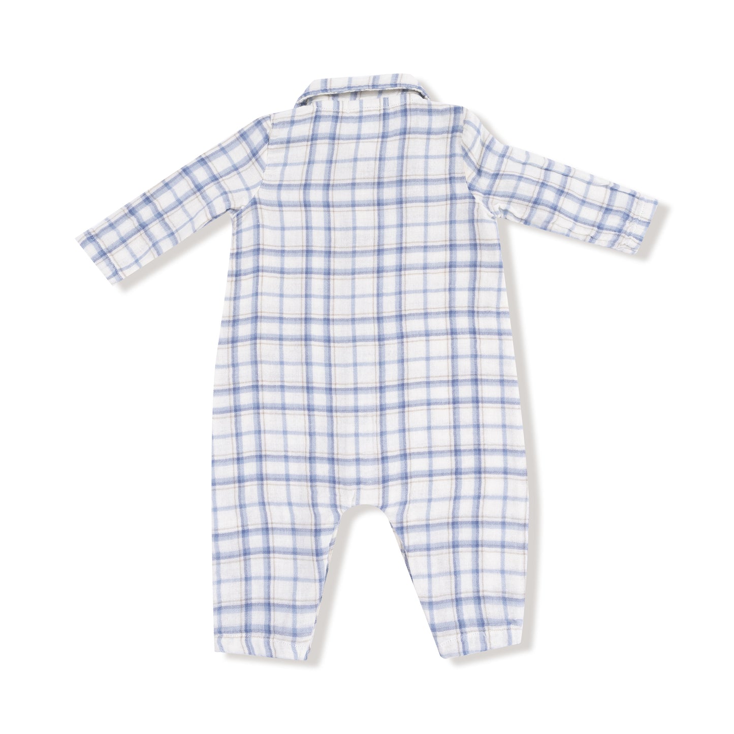 Long Sleeve Polo Romper with Full Placket - Blue Plaid