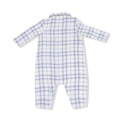 Long Sleeve Polo Romper with Full Placket - Blue Plaid
