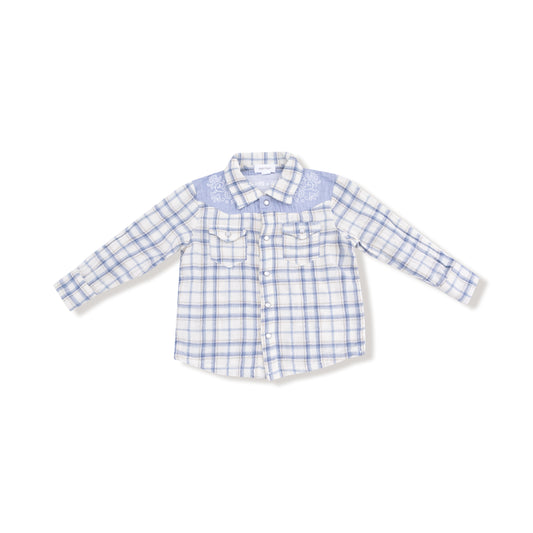 Long Sleeve Western Pearl Snap Shirt - Blue Plaid
