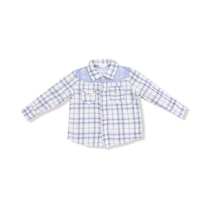 Long Sleeve Western Pearl Snap Shirt - Blue Plaid